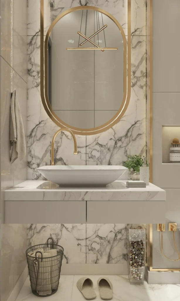Luxury marble bathroom with gold mirror