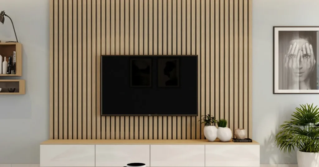 Wall-mounted TV on a wooden slat feature wall