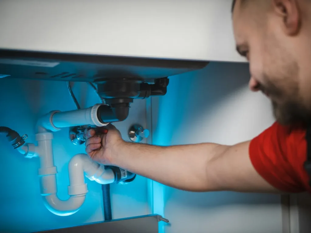 Plumber repairing a water pipe inside a wall